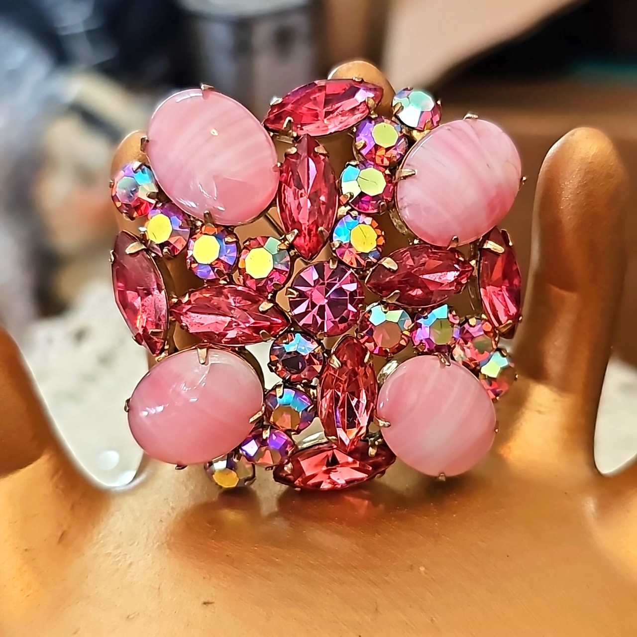 Large Pink Tourmaline Cabochon & Ab Stone Brooch